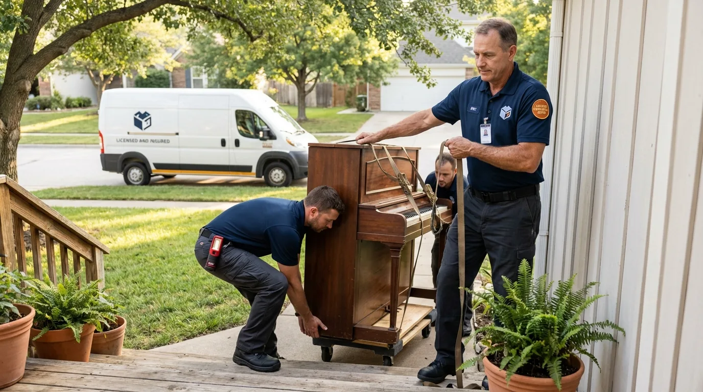 Licensed piano movers securing grand piano in Coral Springs, FL