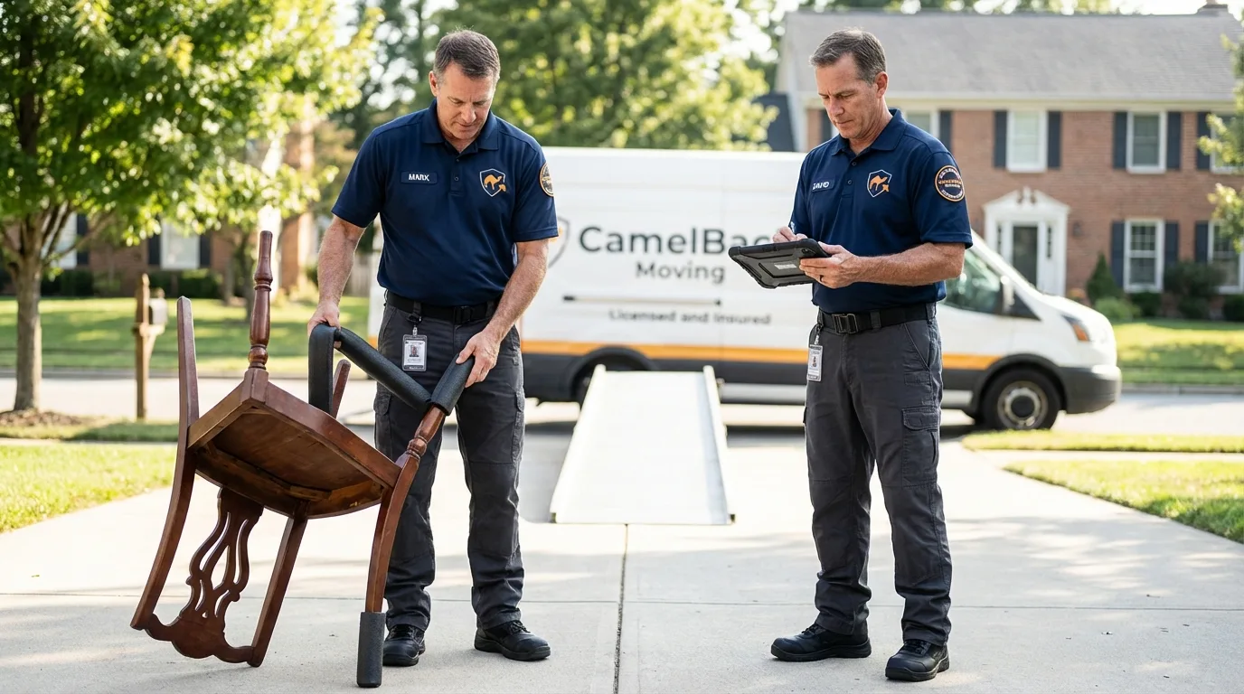 Movers inspecting furniture for damage prevention before loading in Coral Springs, FL