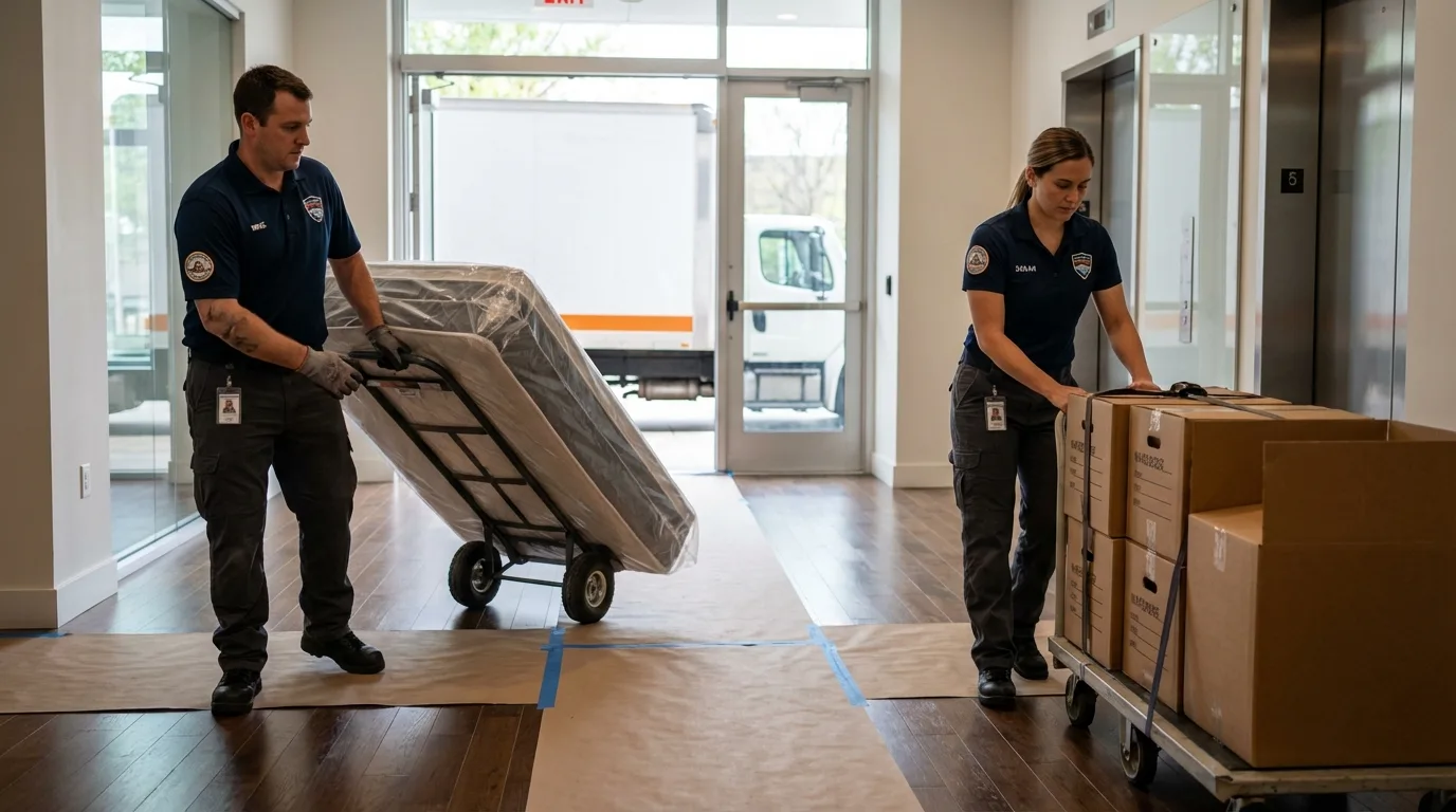 Professional apartment movers loading elevator in Coral Springs, FL