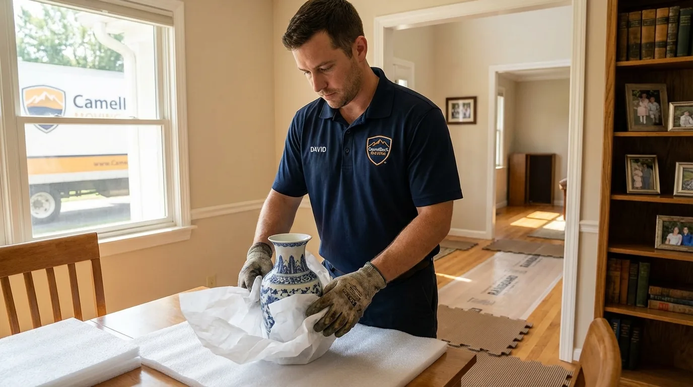 Professional crew carefully wrapping antique vase for senior downsizing move in Coral Springs, FL